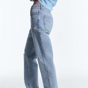Zara Jeans | Mid-Rise Straight Leg Distressed Denim | Color: Light Blue | Size 0